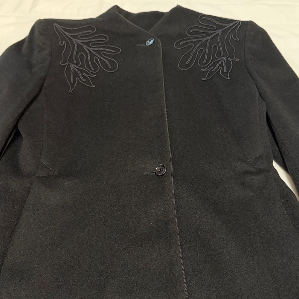 Saks Fifth Avenue Black Midi Flare Wool Coat with Embroidery size 8